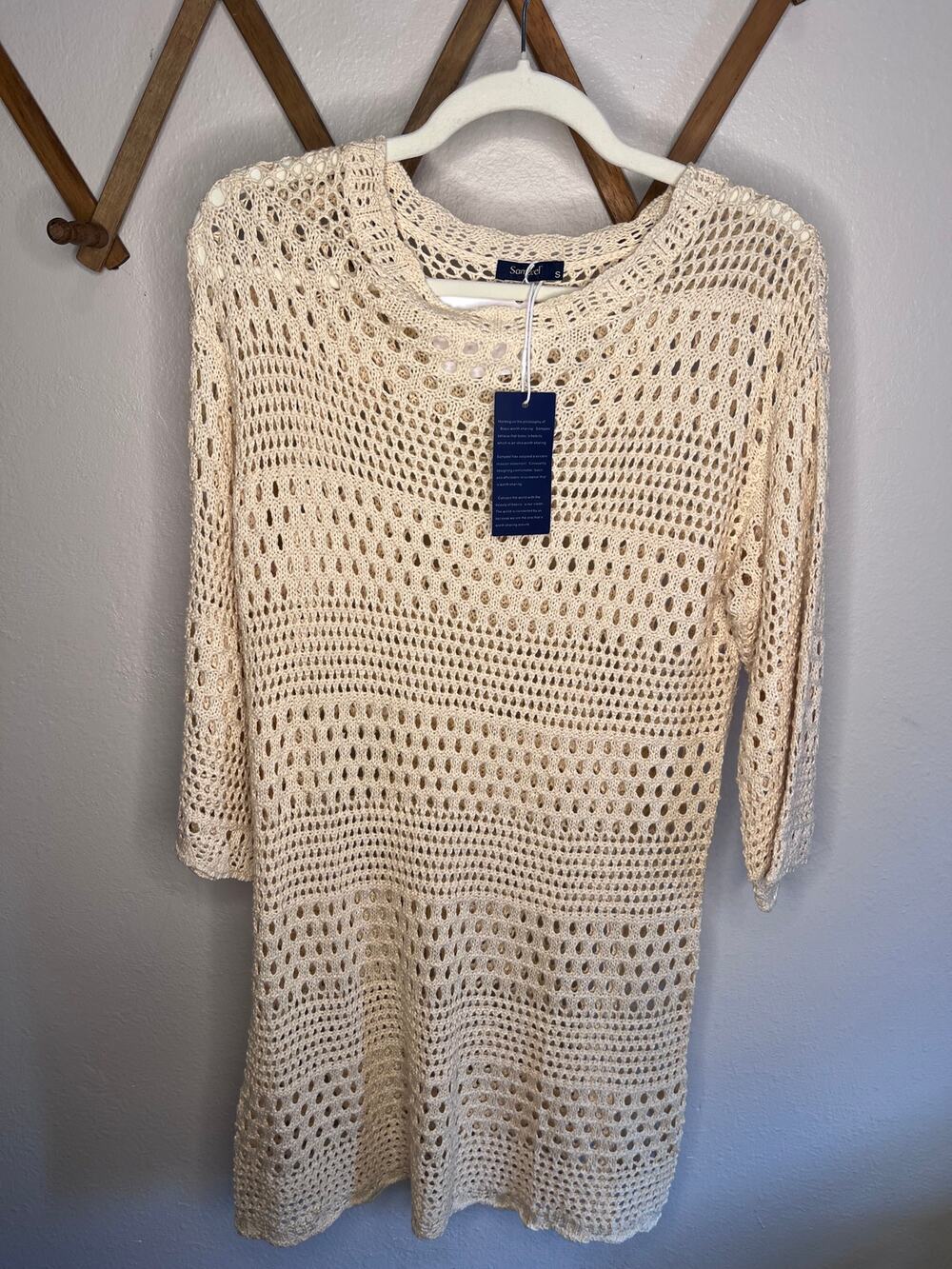 NWT Sampeel Beige Cream Open Knit Crochet Mini Dress Beach Cover Up Womens Small